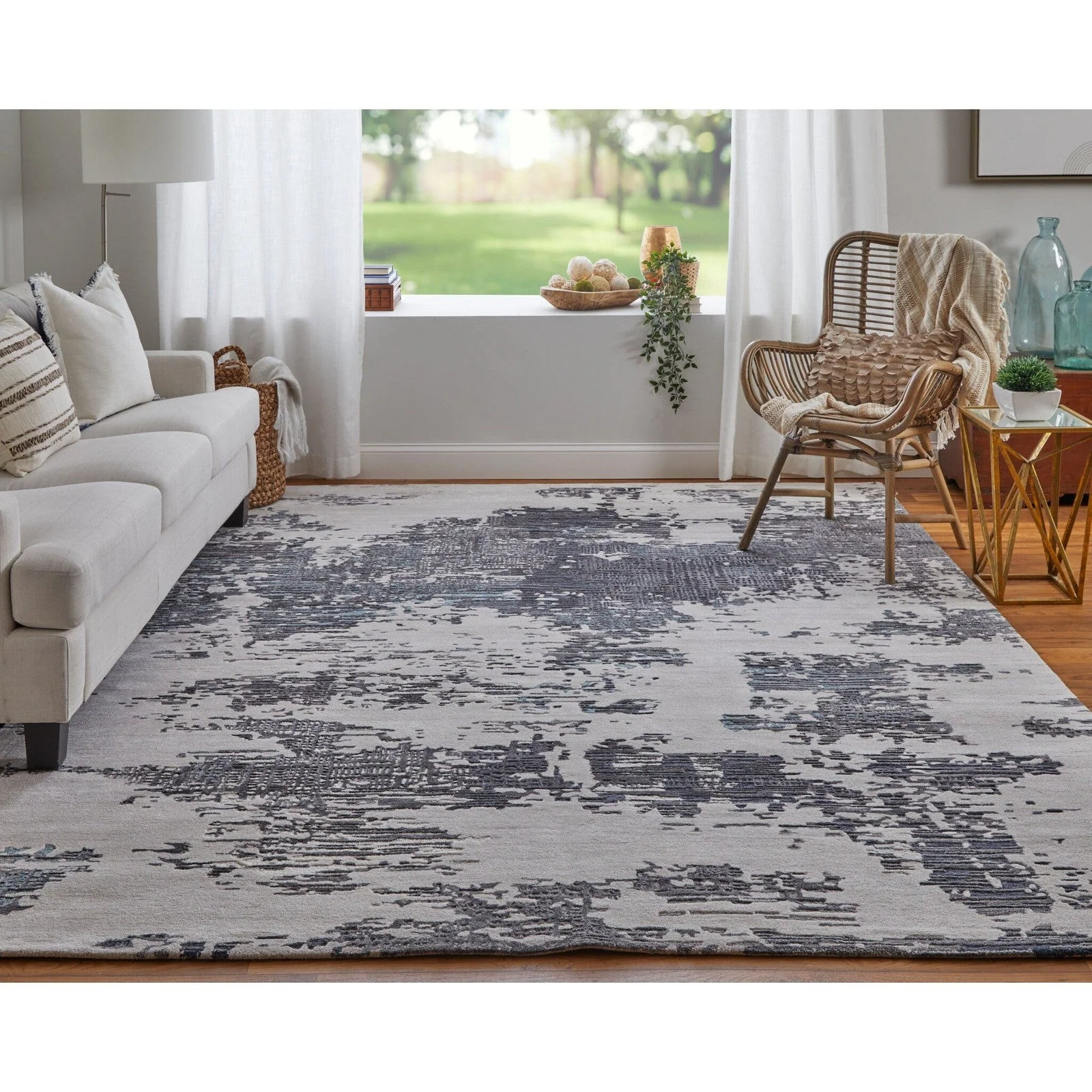 Feizy Zarah 8917F Modern Abstract Rug in Ivory/Gray/Blue - Image 3