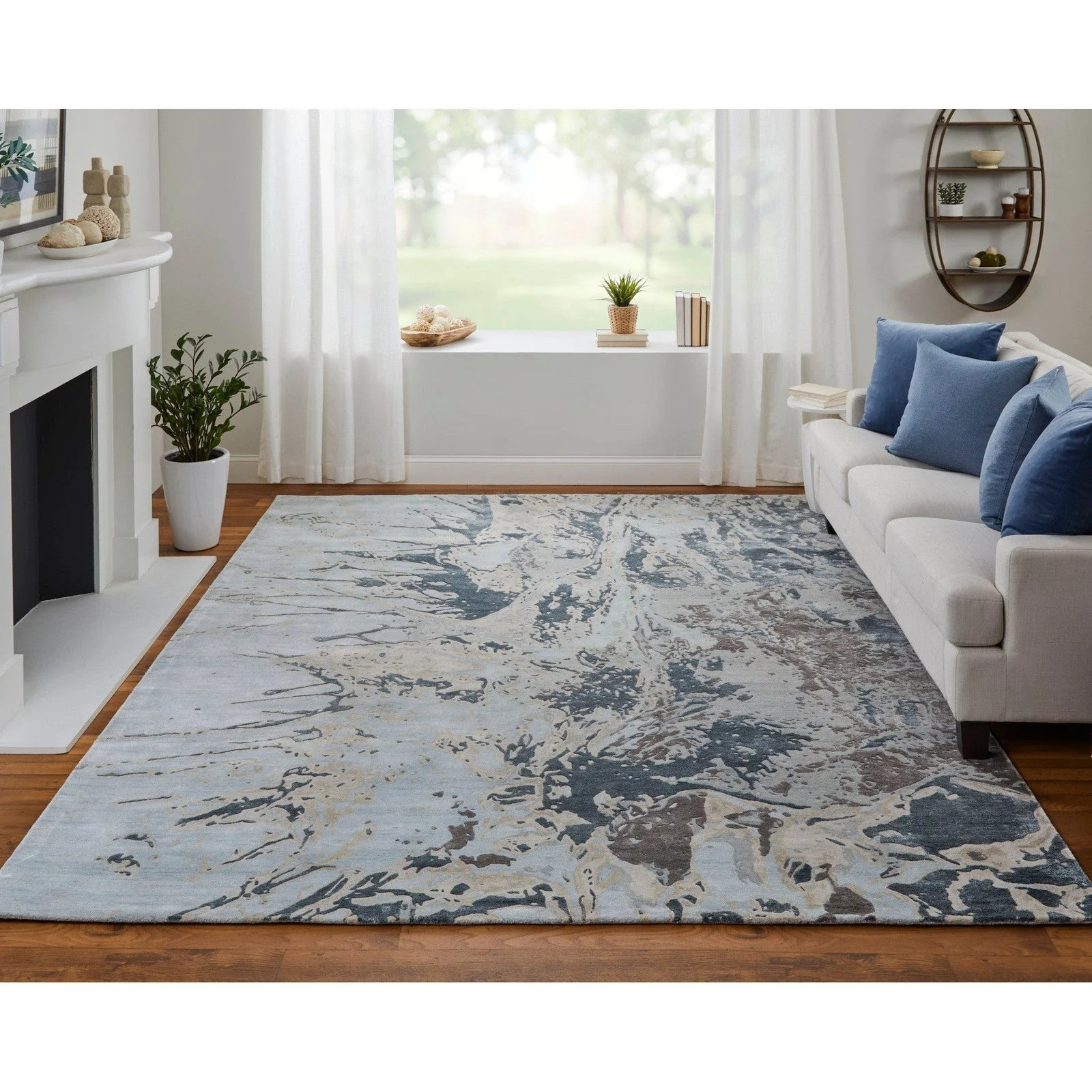 Feizy Zarah 8918F Modern Watercolor Rug in Blue/Taupe/Green - Image 2