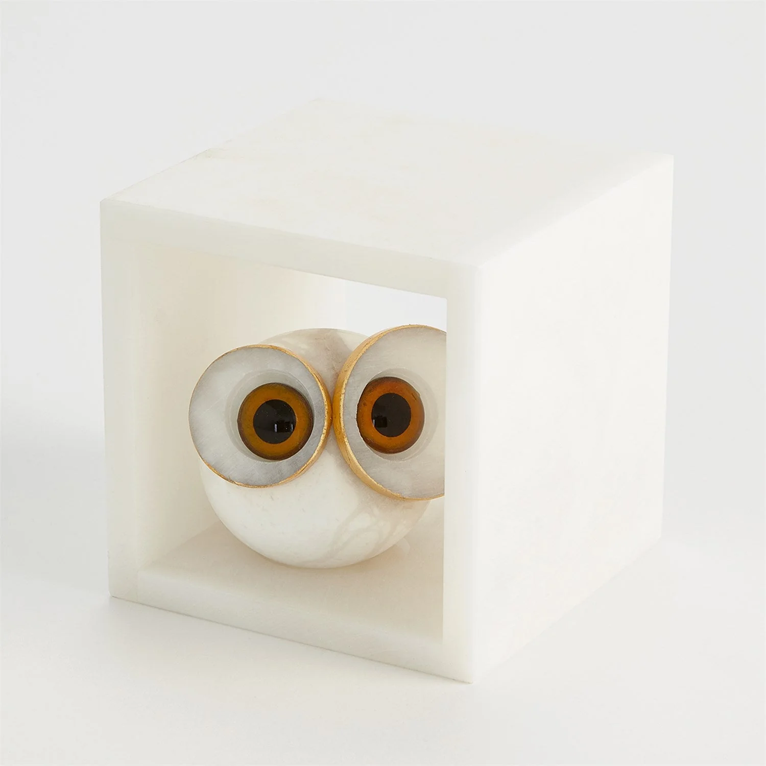 Global Views Alabaster Big Eyed Owl in Cube - Image 3