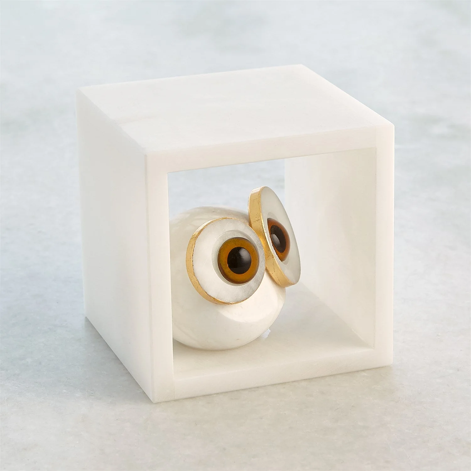 Global Views Alabaster Big Eyed Owl in Cube - Image 4