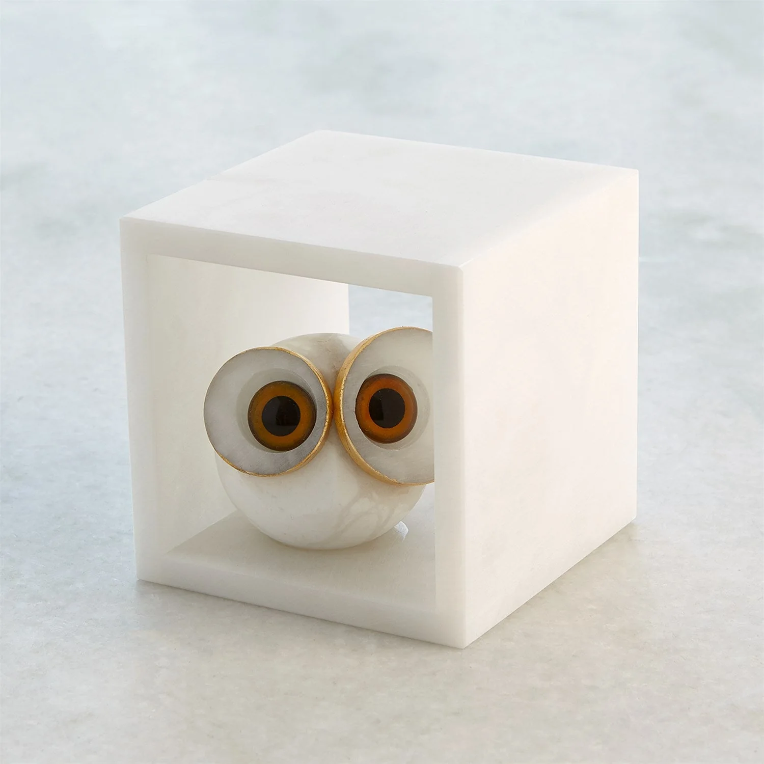 Global Views Alabaster Big Eyed Owl in Cube - Image 5