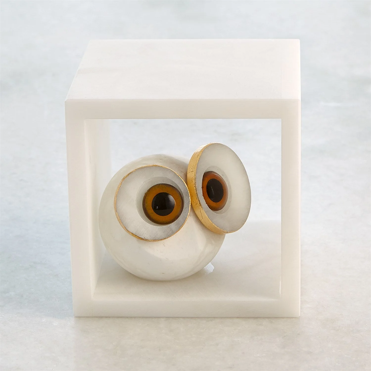 Global Views Alabaster Big Eyed Owl in Cube - Image 6