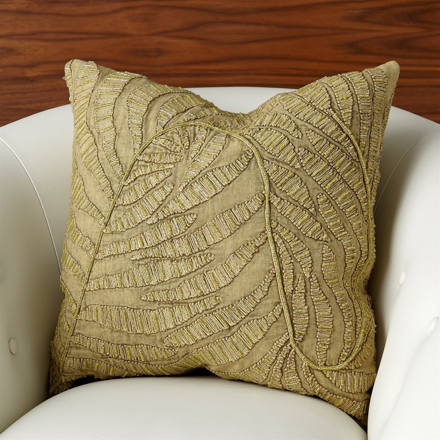 Global Views Beaded Khaki Palm Leaf Pillow Clearance - Image 2
