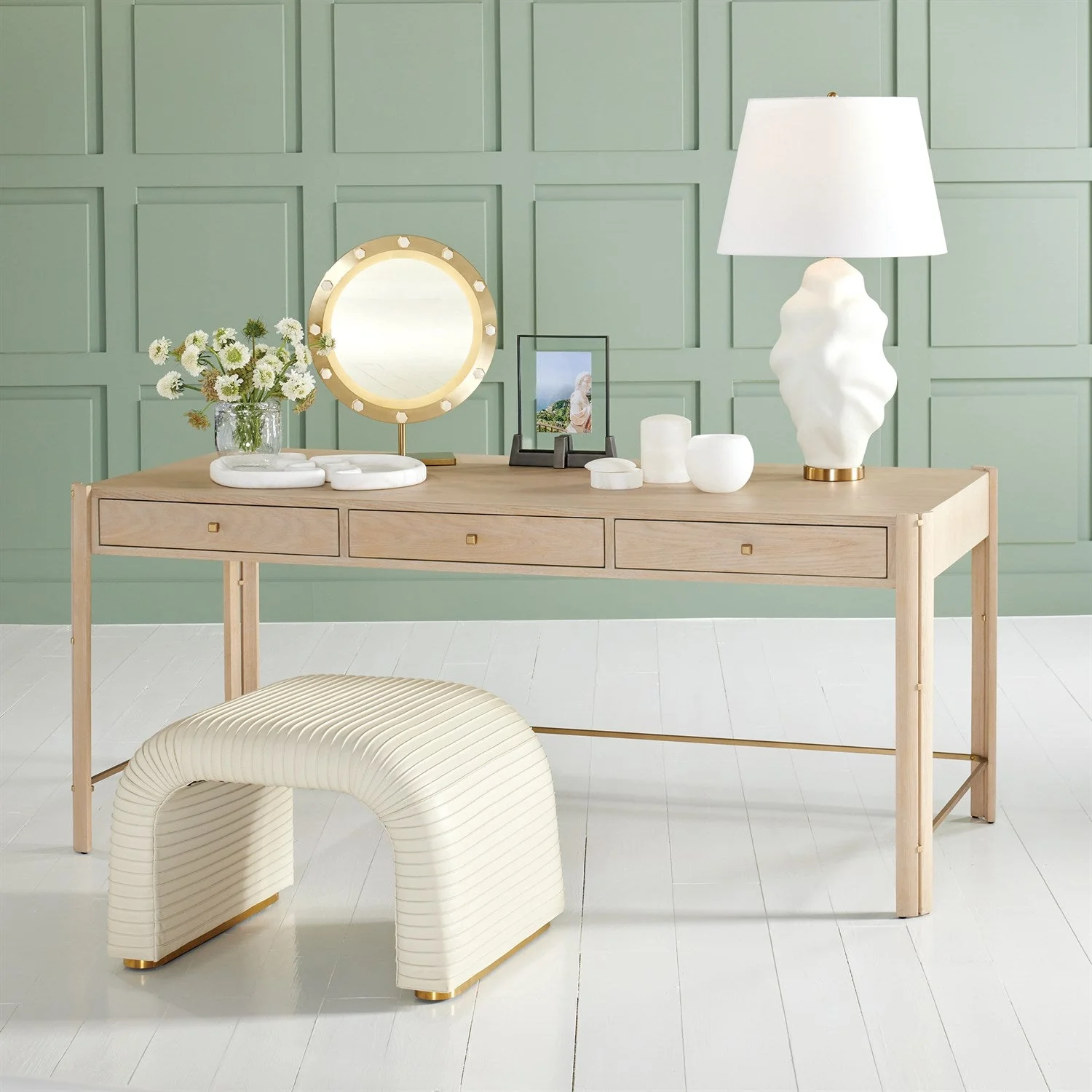 Global Views Cade Stool in Milk Leather by Ashley Childers - Image 2