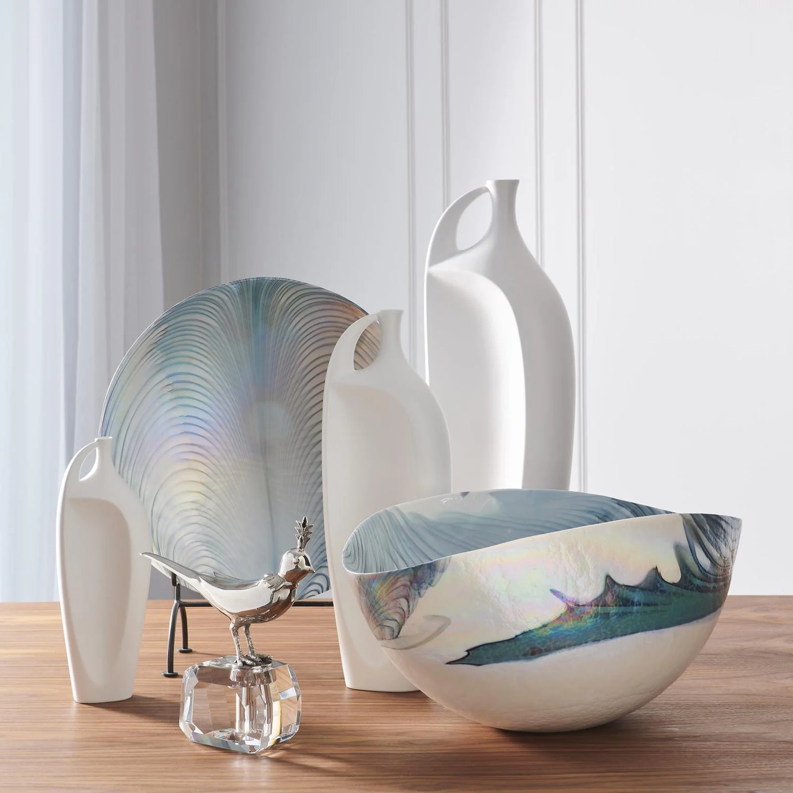 Global Views Ivory Turquoise Feather Swirl Oval Bowl - Image 5