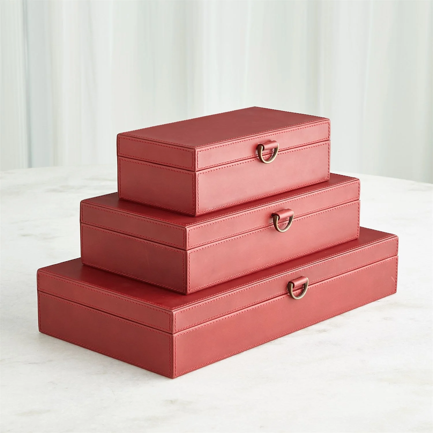 Global Views Marbled Leather D Ring Box - Deep Red - Image 4