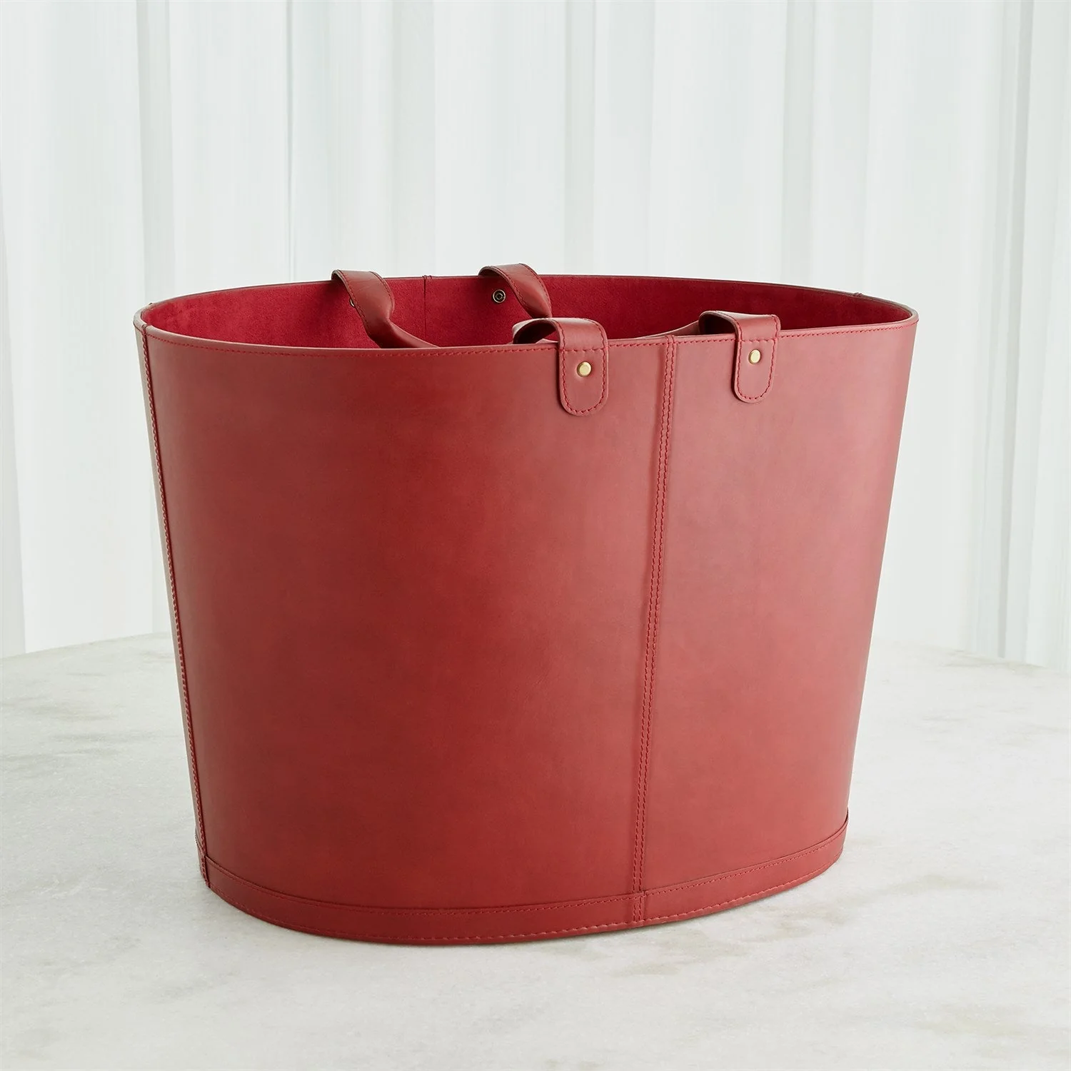 Global Views Oversized Oval Leather Basket - Deep Red - Image 6