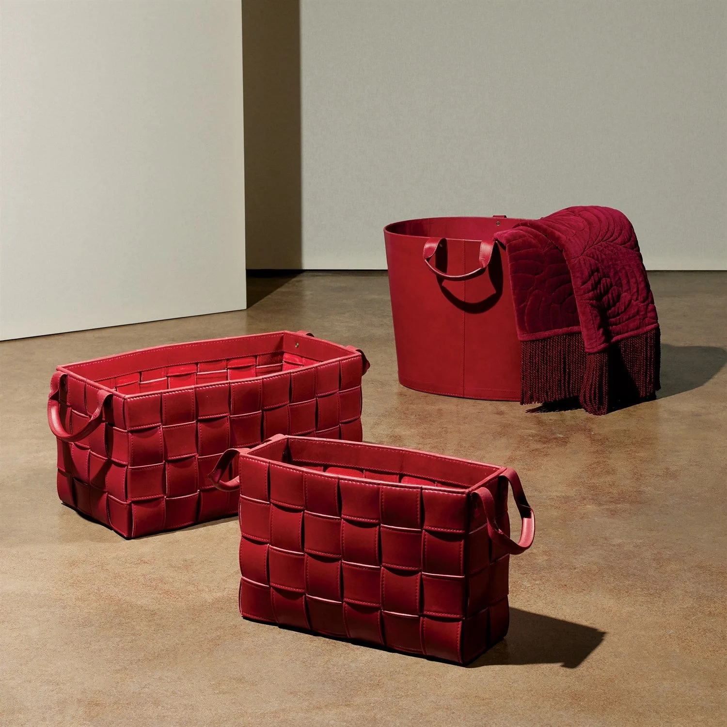 Global Views Soft Woven Leather Basket - Deep Red - Image 2