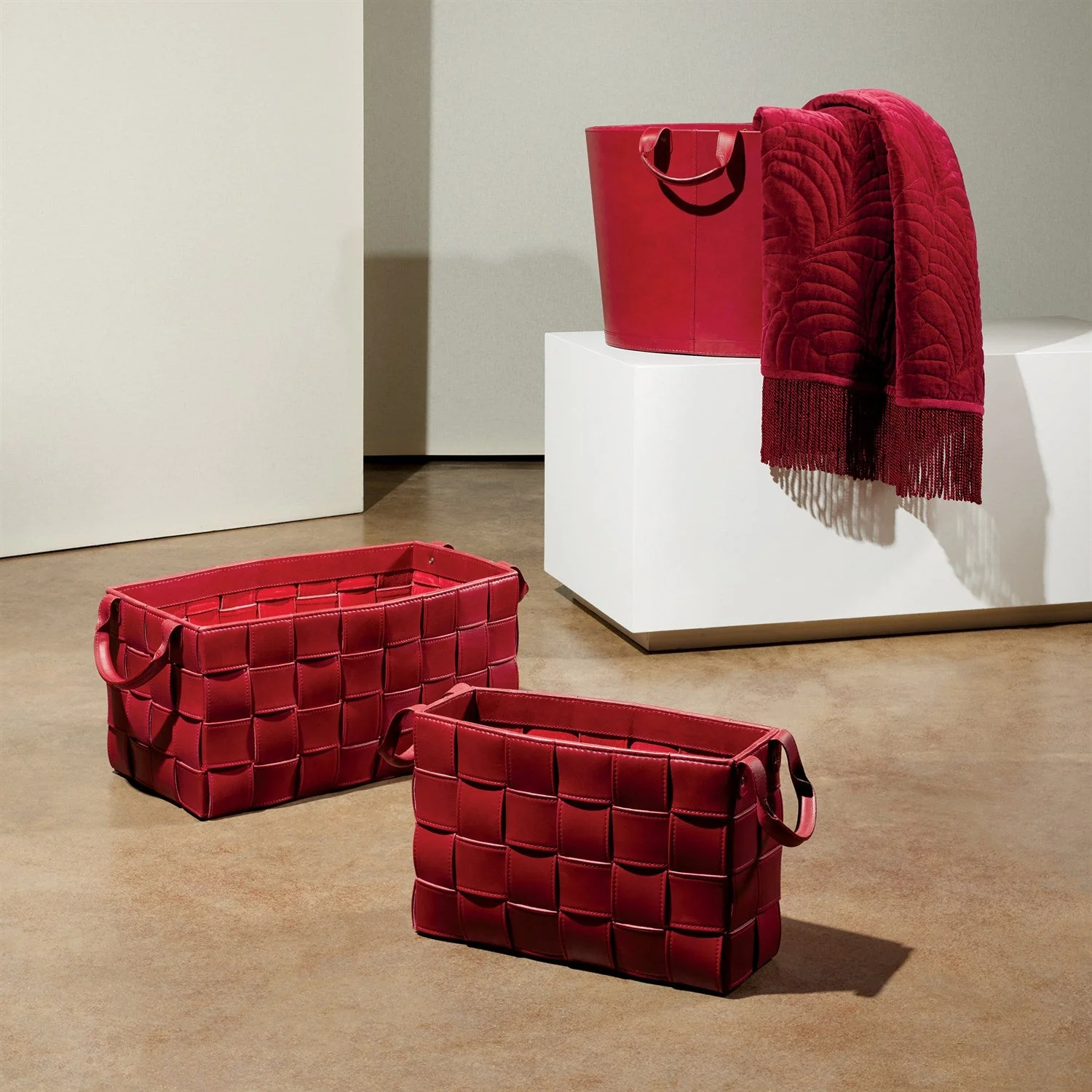 Global Views Soft Woven Leather Basket - Deep Red - Image 3