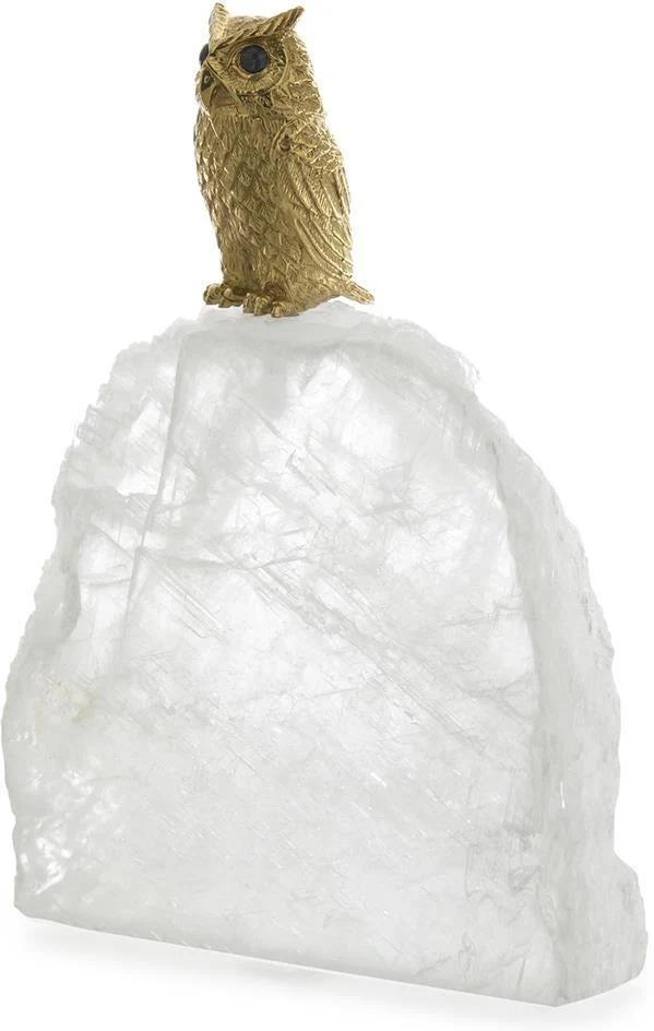 John Richard Decor Perched Brass Owl Sculpture on Selenite - Image 2
