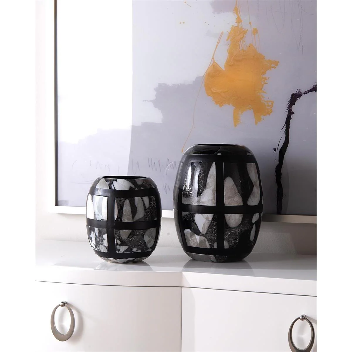 John Richard Decor Set of Two Black-and-White Glass Vases - Image 2