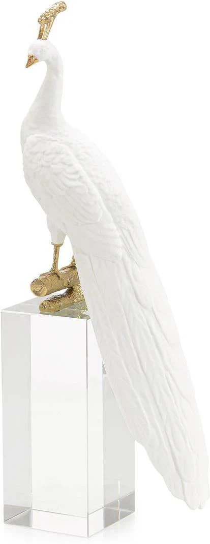John Richard Decor White Peacock Sculpture on Crystal Base - Image 2