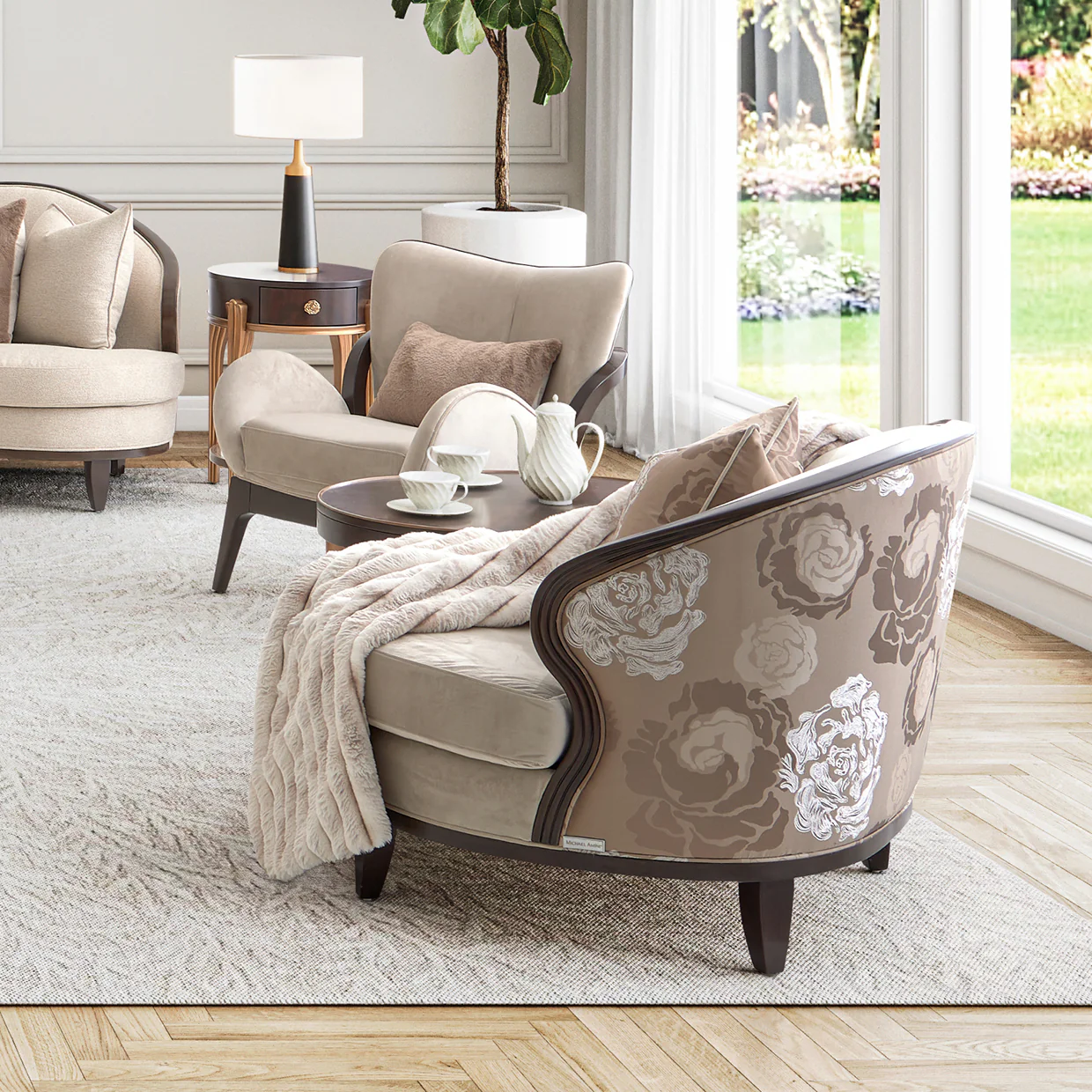 Michael Amini Camellia Field Caramel Round End Table w Drawer - Image 3