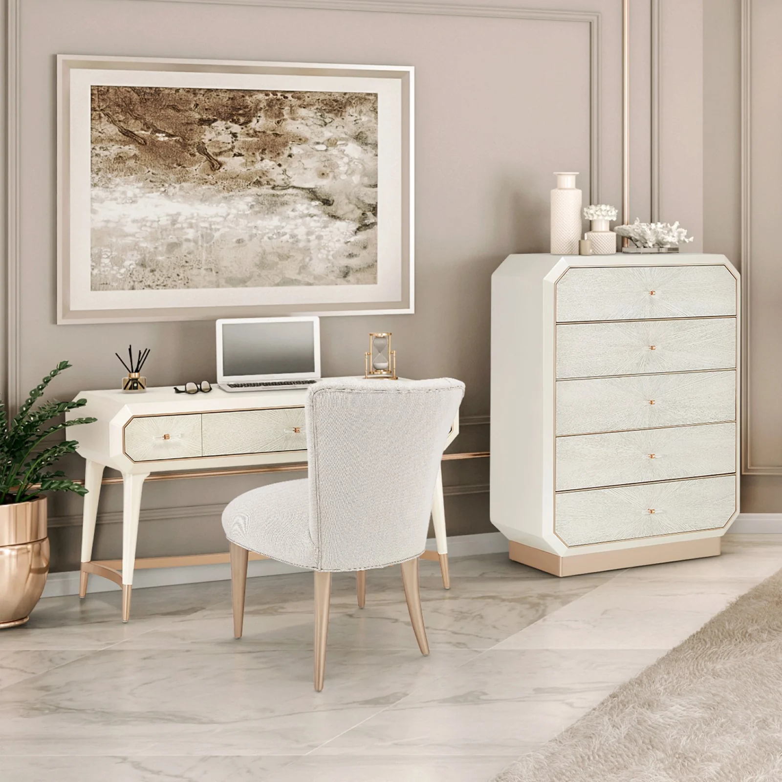 Michael Amini La Rachelle Vanity Set with Mirror & Chair - Champagne - Image 2
