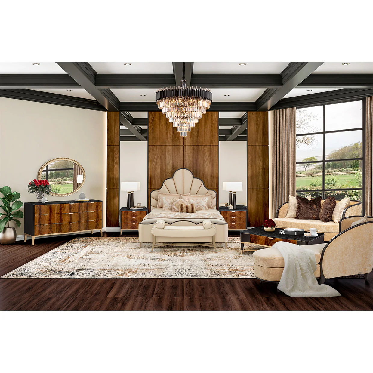 Michael Amini Malibu Crest Crotch Mahogany Scalloped Panel Bed - Image 3