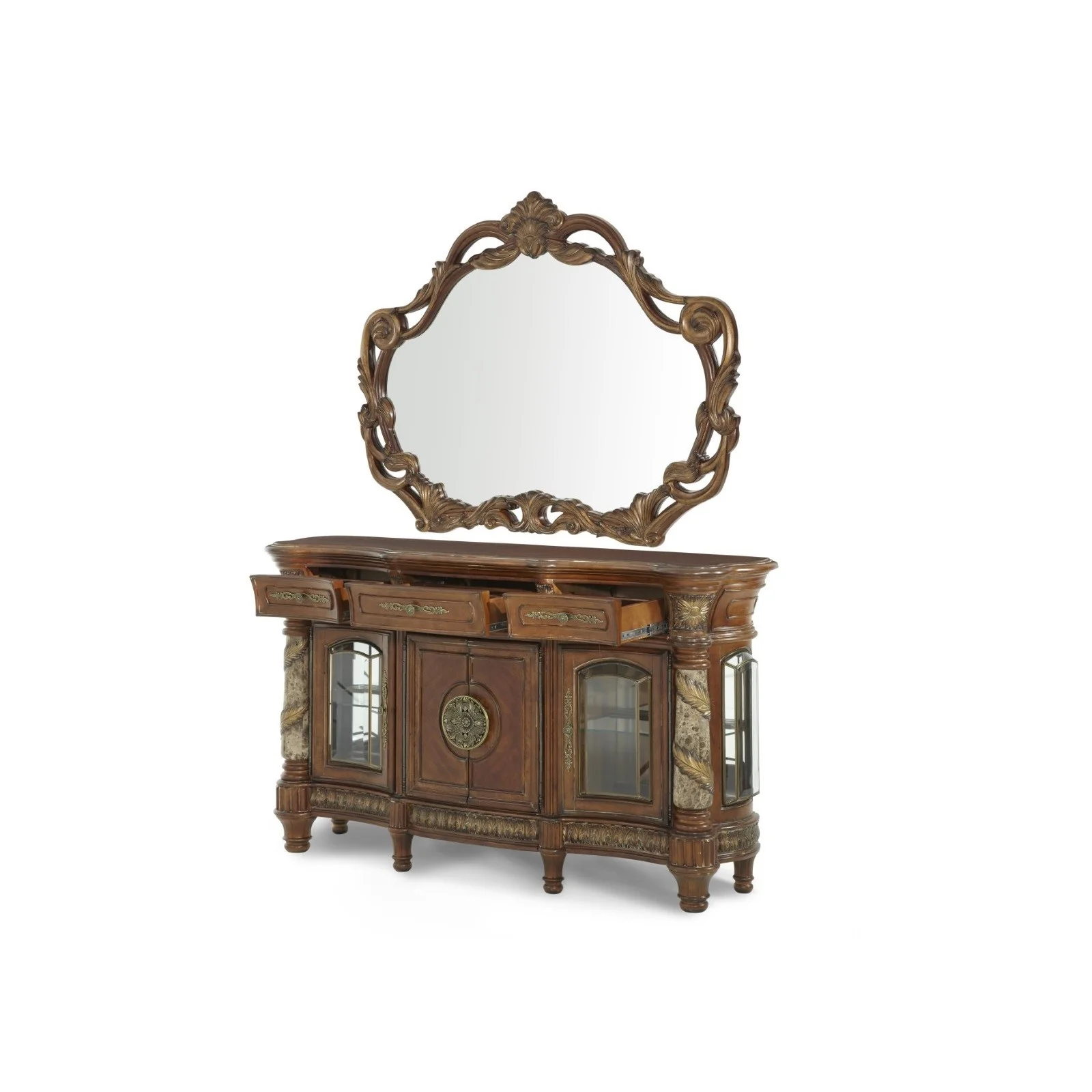 Michael Amini Villa Valencia Sideboard with Mirror - Classic Chestnut - Image 3