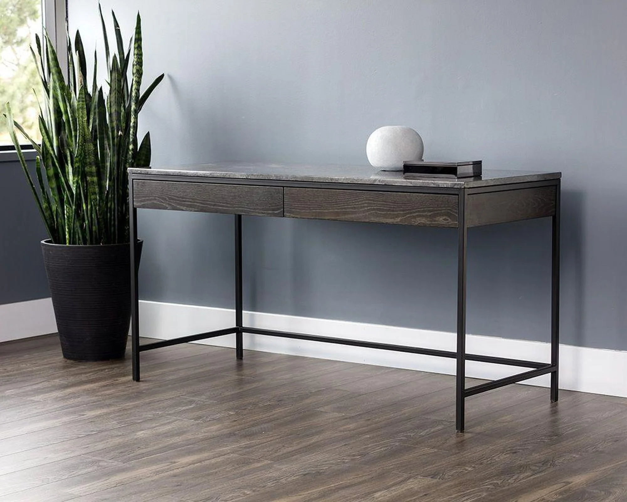 Sunpan Stamos Desk - Black - Light Grey Marble / Charcoal Grey - Image 4