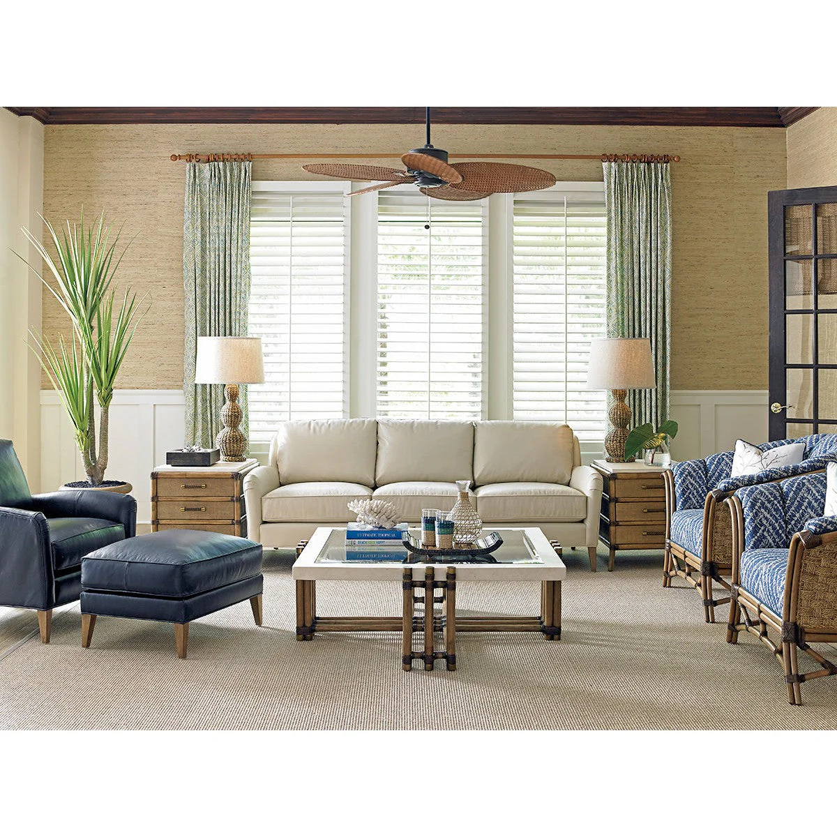 Tommy Bahama Home Twin Palms Coconut Grove Leather Ottoman - Image 2